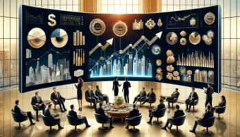 a group of affluent people in business attire interacting with financial graphs and investment charts